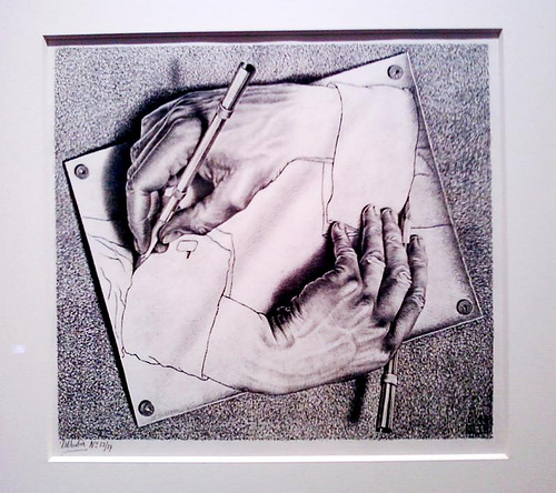 "Escher Drawing Hands like Mutual Universal Turing Machines" image photographed by rrenzoo