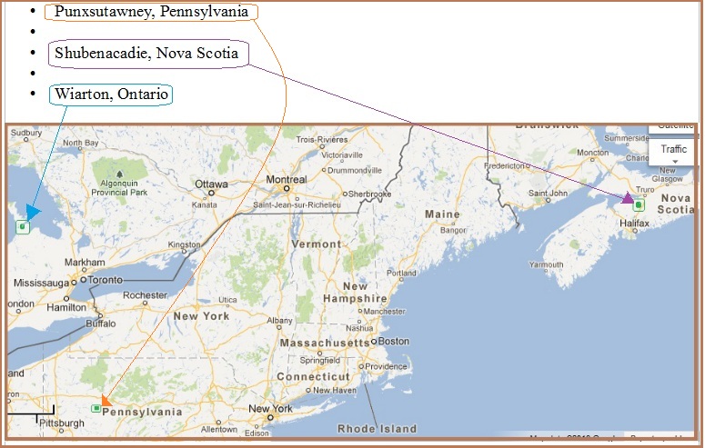 "Map for 3 Weather Groundhogs: Wiarton Willie, Shubenacadie Sam and Punxsutawney Phil" image by Mike DeHaan