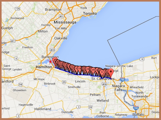 "Heading to Hamilton ONT from the USA" image by image by Mike DeHaan via milermeter (gmap-pedometer)