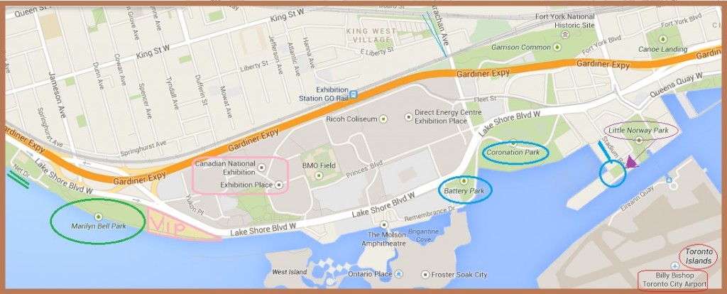 "Map of Waterfront Toronto Parks Nearest the CNE" image by Mike DeHaan via Google Maps